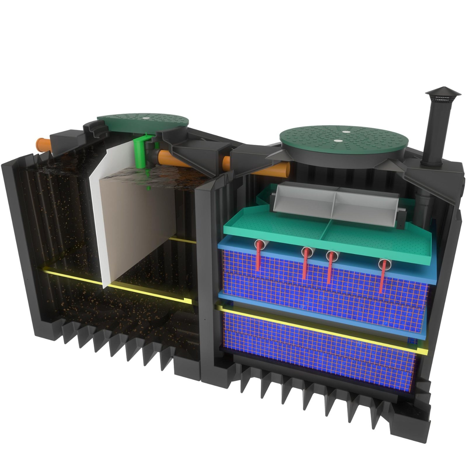 Coupe 3D du filtre compact ClearFox® montrant la fosse toutes eaux et le filtre biologique